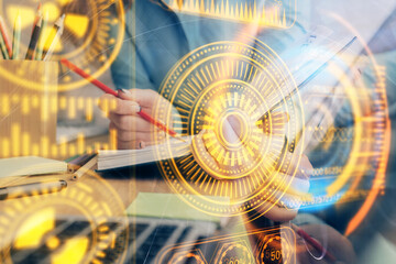 Technology theme hologram over woman's hands taking notes background. Concept of Tech. Double exposure