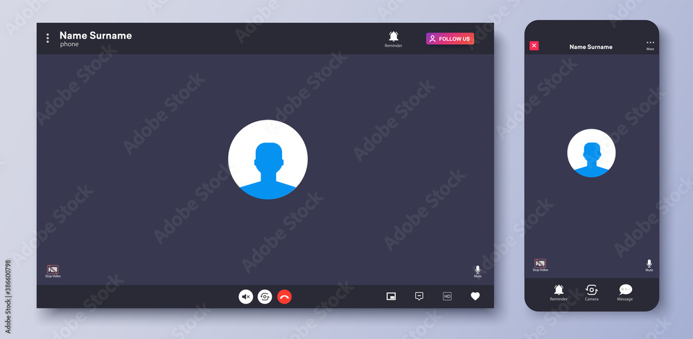 Poster Video call interface. Web chat UI screen mockup. Call screen template. Mockup UX,Kit interface. Application for calls and online conference meeting. Communication windows for mobile app and desktop