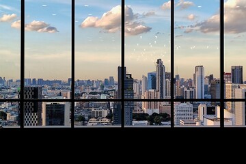 business concept background. modern office building big steel frame clear transparent windows over...