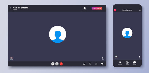 Video call interface. Web chat UI screen mockup. Call screen template. Mockup UX,Kit interface. Application for calls and online conference meeting. Communication windows for mobile app and desktop