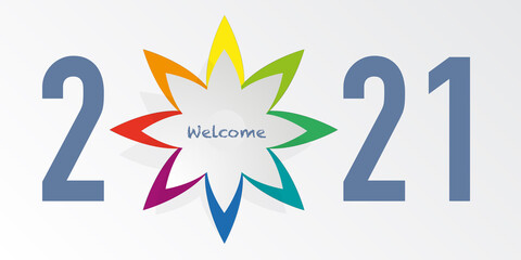 Carte de vœux 2021, design sur fond blanc, avec une étoile à 8 brances présentant les principales couleurs du cercle chromatique.
