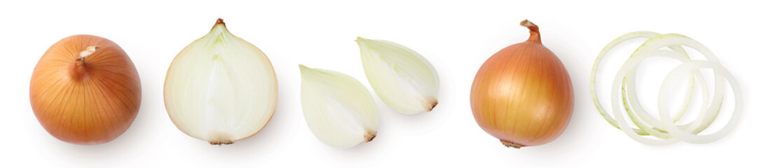 Whole and sliced onions isolated on a white background. Top view. - obrazy, fototapety, plakaty
