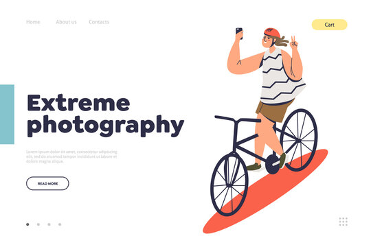 Extreme photography landing page with girl making selfie photo riding bicycle