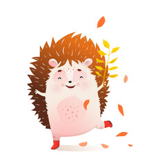 Baby hedgehog dance with fall leaves in autumn, clipart cartoon for children. Vector watercolor style cartoon.