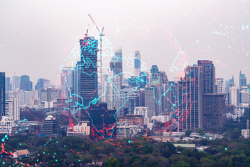 World planet Earth map hologram over panorama city view of Bangkok, Asia. The concept of international connections and business. Multi Exposure.