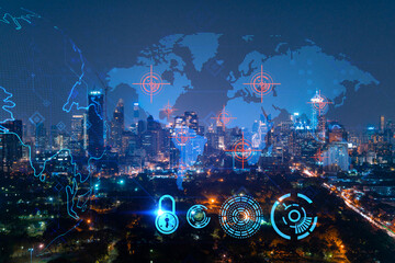 Hologram of Earth planet map on night panoramic cityscape of Bangkok, Asia. The concept of international companies. Multi Exposure.