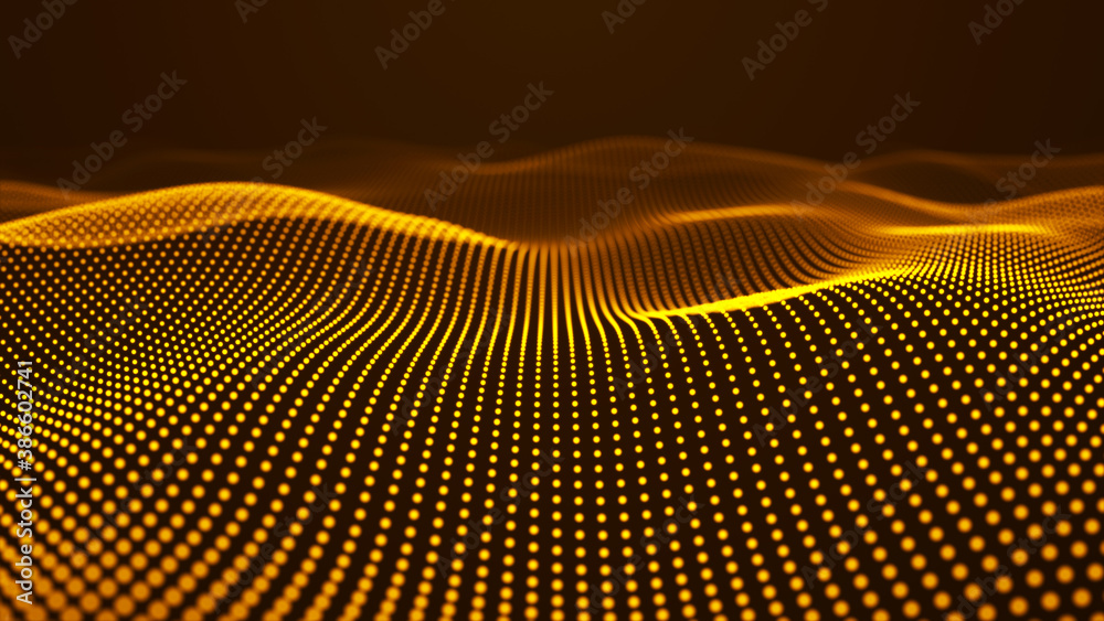 Poster smooth abstract gradient dynamic wave of many glowing particles. network of neon dots. big data. dig