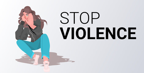 scared or terrified woman sitting on floor stop violence and aggression concept horizontal full length vector illustration