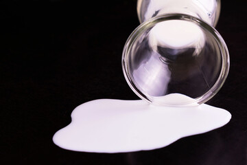 Spilled milk from a bottle on a black background. Close-up. Copy space.