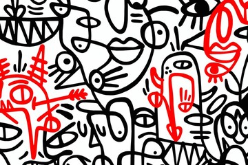 Black and white pattern on a white background with highlighted red cartoon faces, abstract design	