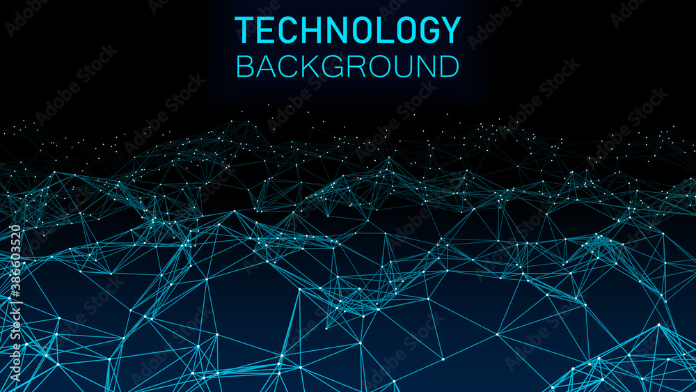 Poster technology background. abstract gradient dynamic wave of lines and particles. network of bright poin
