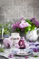 Cup of delicious homemade blueberry icecream and lilac on background