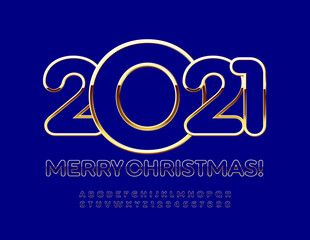 Vector elite greeting card Merry Christmas 2021! Gold and Blue chic Font. Premium Alphabet Letters and Numbers set