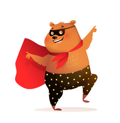 Superhero bear cub smiling and dancing disco wearing mask and cape, brave comic teddy. Kids character design, 3d funny cartoon.