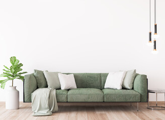 Contemporary living room mockup, green sofa on white wall background, 3d render - obrazy, fototapety, plakaty