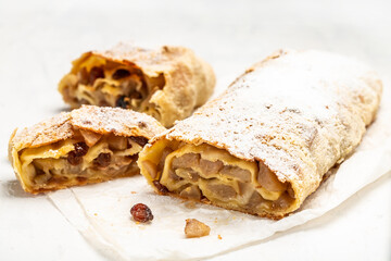 Homemade traditional Apple strudel, classic and probably the best known Viennese pastry outside of...