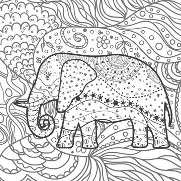 Square pattern with abstract elephant. Hand drawn patterned animal. Design for spiritual relaxation for adults. Black and white illustration