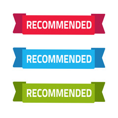 Recommended ribbon banner icon vector flat cartoon, recommendation text on green red blue color isolated on white background