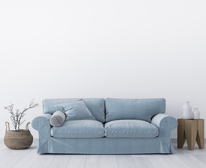 Wall mockup in farmhouse living room design, blue sofa on empty white wall, 3d render
