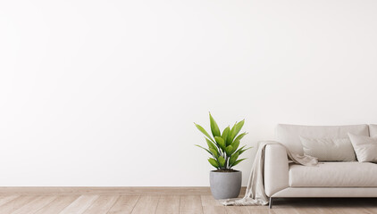 Fototapeta na wymiar Modern living room mockup, beige sofa in bright interior design, 3d render