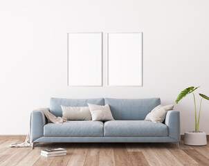 Blue sofa in modern living room design, frame mockup