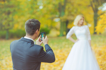 Bride and groom at a photo session in the nature