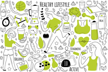Healthy lifestyle doodle set. Collection of hand drawn sketches patterns templates of people jogging together eating food doing fitness and sport. Healthcare nutrition and meditation illustration © drawlab19