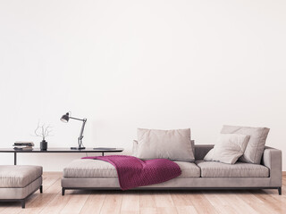 Modern living room design, empty wall mockup, 3d render