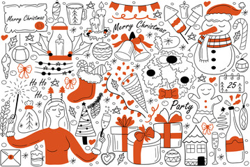 Merry Christmas doodle set. Collection of hand drawn sketches template patterns of chirstianity holiday new year symbols santa claus snowman. Winter and Jesus Christ birth celebration illustration.