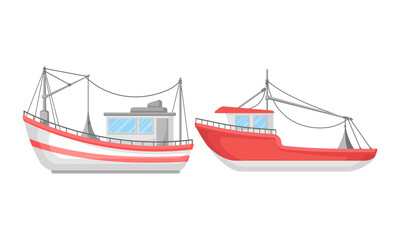 Regular Ship with Cabin and Mast as Water Transport Vector Set