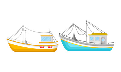 Regular Ship with Cabin and Mast as Water Transport Vector Set