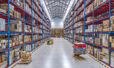 large warehouse full of goods and with lifting equipment.