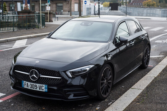 Mulhouse - France - 18 October 2020 - Front View of Black Mercedes class A parked in the street