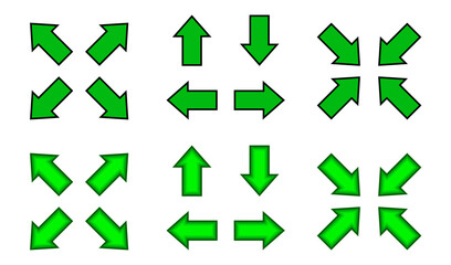 green arrow and diagonal arrow sign for map, arrow button for graphic game, arrow for direction