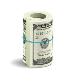 Realistic bundle of dollar bills isolated on white background. Roll of american money