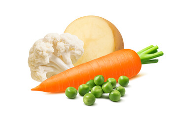 Cauliflower, carrot, potato and green peas isolated on white background