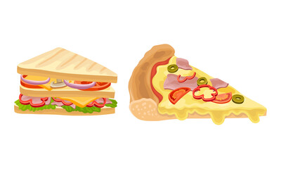 Fast Food with Pizza Slice and Sandwich Vector Set