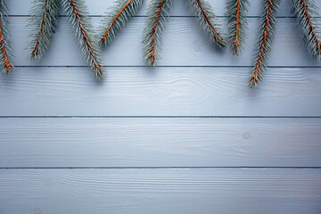 Flat lay with wooden background and silver spruce. Christmas and new year background in gray and blue colors. Copy space