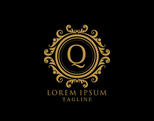 Royal Circle Q Letter Logo. Luxury Circle Badge design for Boutique, Royalty, Letter Stamp,  Hotel, Heraldic, Jewelry, Restaurant, Wedding.