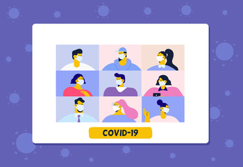 Coronavirus epidemic. Crowd of people wearing medical masks protecting themselves from the virus. Flat Vector illustration