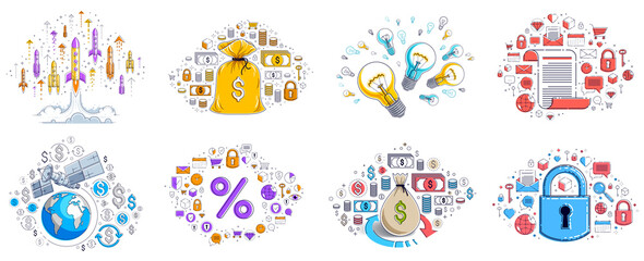 Business and finance theme different vector illustrations set with a lot of simple icons, trendy design drawings commercial theme collection, diversity of symbols and signs.