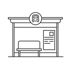 Bus stop vector line art illustration. Public transport station, bus terminal. Vector outline isolated illustration on white background