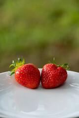 Two strawberries on a white plate with blurry grass background