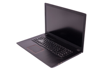 Black laptop with screen in 90 degree isolated on white background. Notebook with empty screen. blank copy space on modern mobile computer.