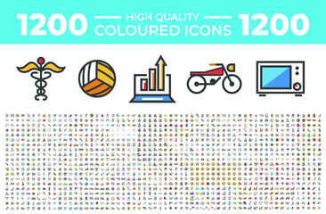Set of 1200 High Quality Solid Colorful Icons on White Background . Isolated Vector Elements