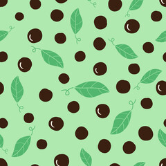 Seamless pattern of bubble milk green tea with green leaves on green background vector illustration.