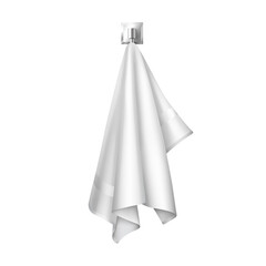 White clean terry towel hanging on hanger prepared to use isolated on white background