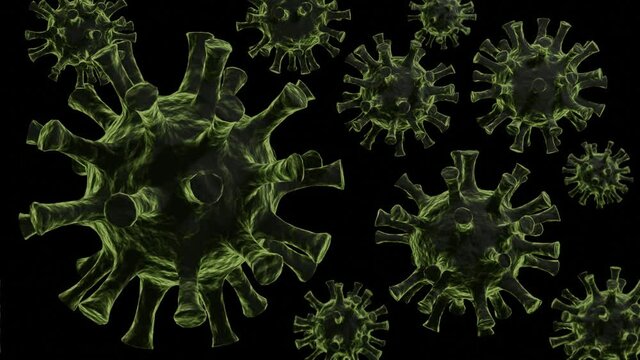 3D abstract animation, corona virus in green color rotate on black background. Textured bubble motion graphic
