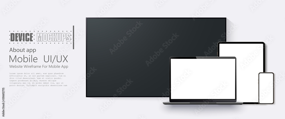 Poster set of modern devices mockups: tv, laptop, tablet computer, smartphone. template for infographics or