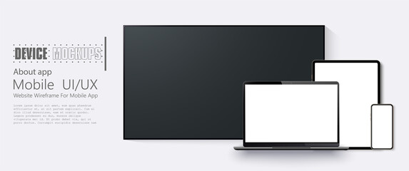 Fototapeta na wymiar Set of modern devices mockups: TV, laptop, tablet computer, smartphone. Template for infographics or presentation UI design interface. Vector illustration